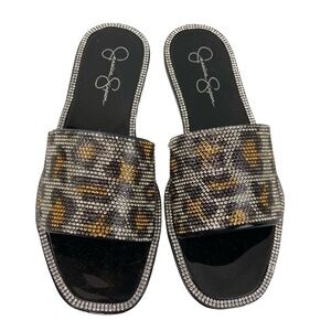 Jessica Simpson Womens Size 6M Leopard‎ Kassime Slide Sandals Rhinestones
